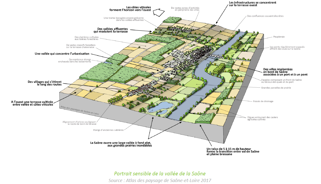 Dessin d'une vue 3D de la vallée de la Saône